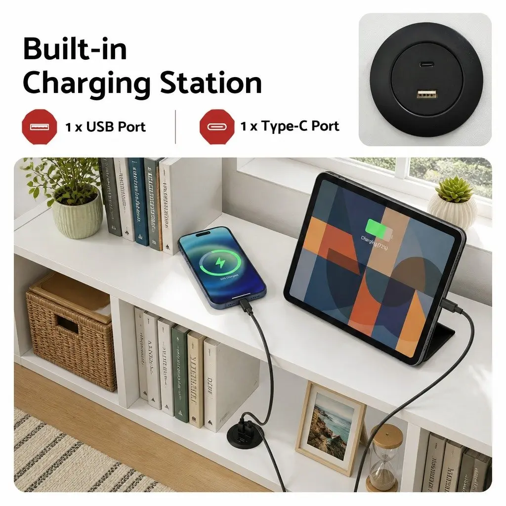 Corner Bed Frame with Desk Storage and USB-C Charging Port
