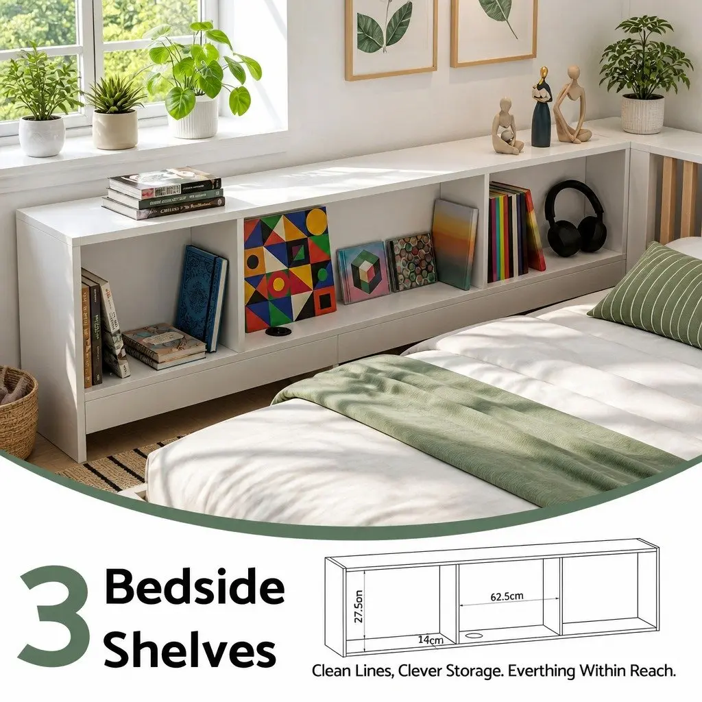 Corner Bed Frame with Desk Storage and USB-C Charging Port