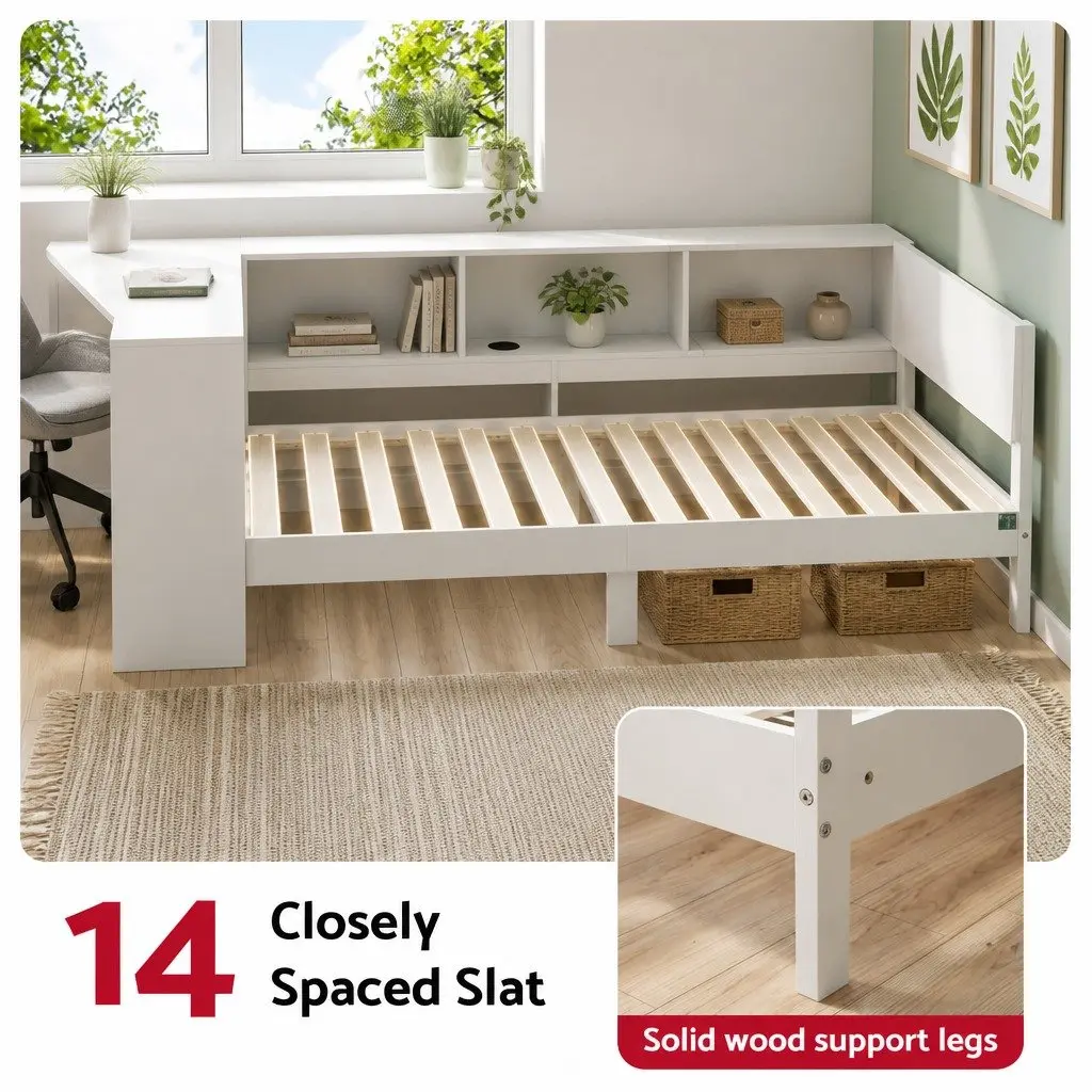 Corner Bed Frame with Desk Storage and USB-C Charging Port