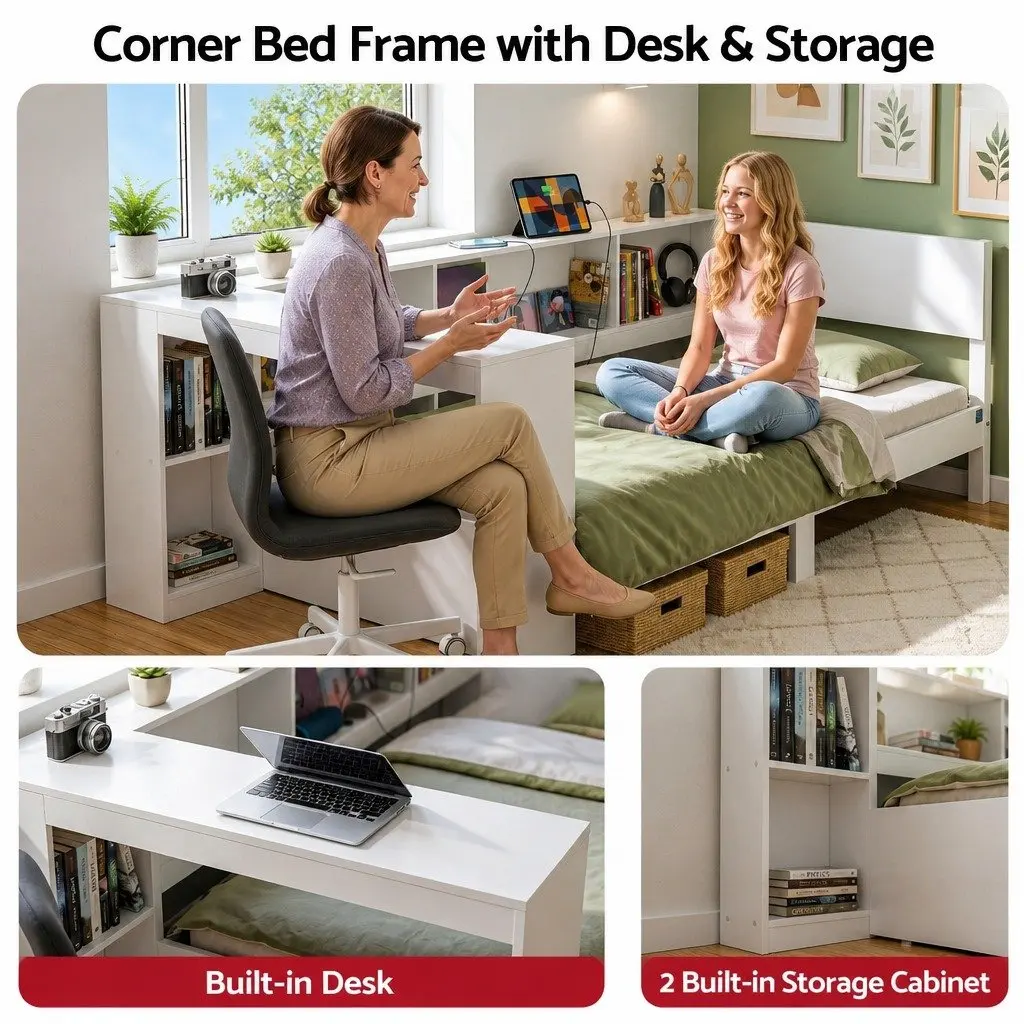 Corner Bed Frame with Desk Storage and USB-C Charging Port