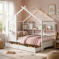 Modern Kids Bed Frame with House Design and Bookcase