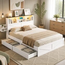 Double Bed Frame with Storage Drawers and Bookcase Headboard