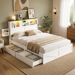 Queen Bed Frame with Bookcase Headboard and Storage Drawers