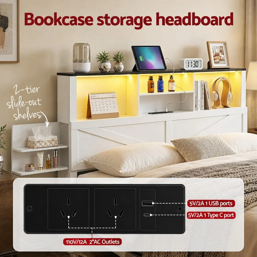 Queen Bed Frame with Storage Drawers White Platform Bedframe Bookcase Headboard