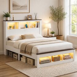 Double Bed Frame with Storage Headboard and USB Charging
