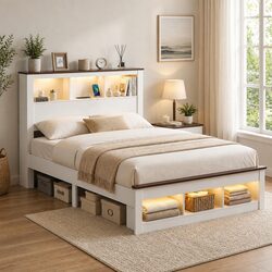 Queen Bed Frame with Bookcase Headboard and Storage White