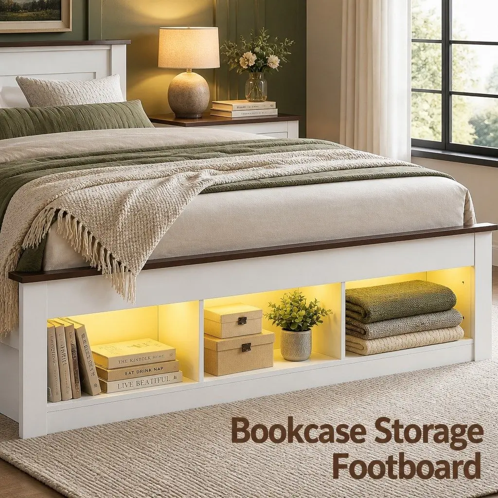 Queen Bed Frame White Wooden Platform with Integrated Storage Bookcase and Headboard