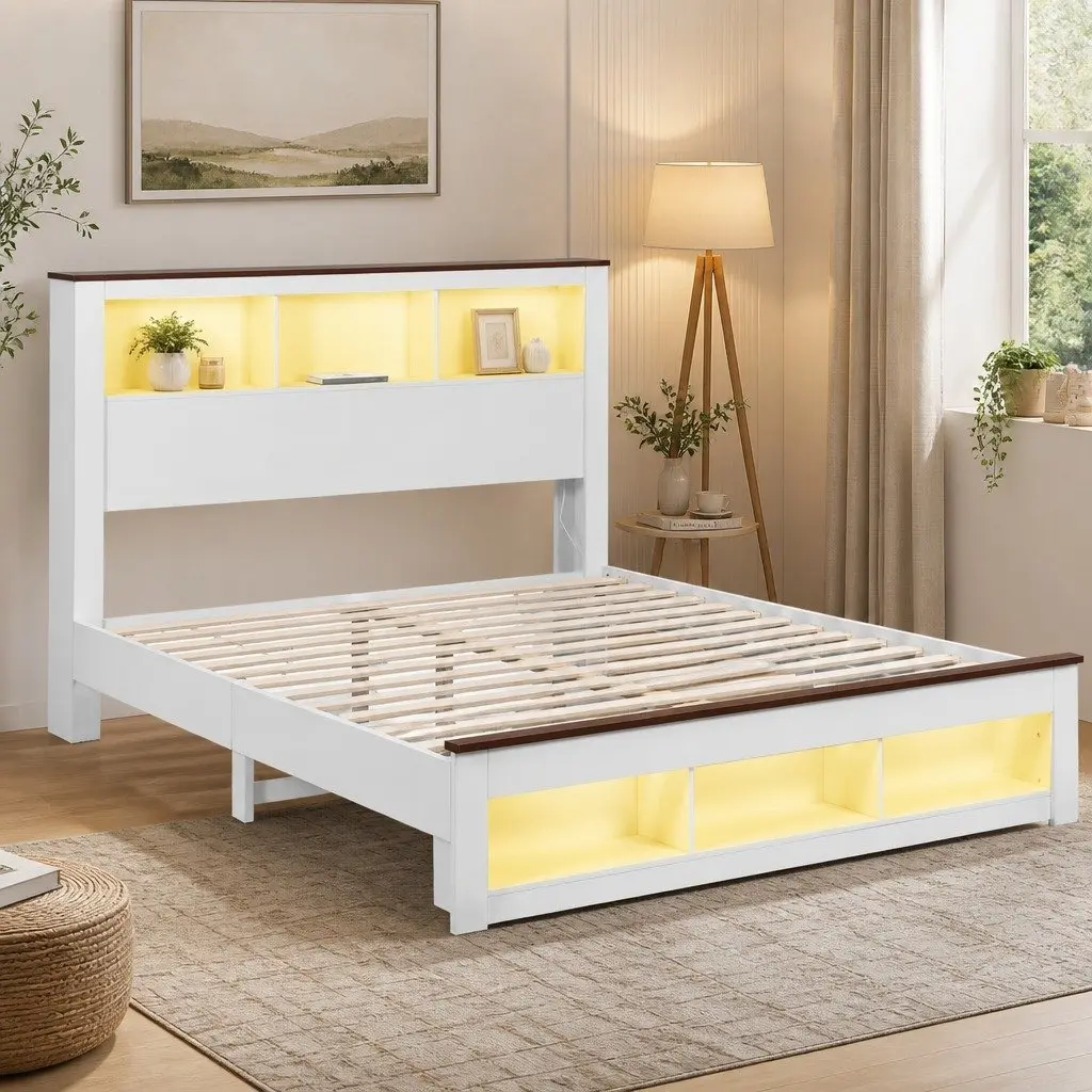 Queen Bed Frame White Wooden Platform with Integrated Storage Bookcase and Headboard