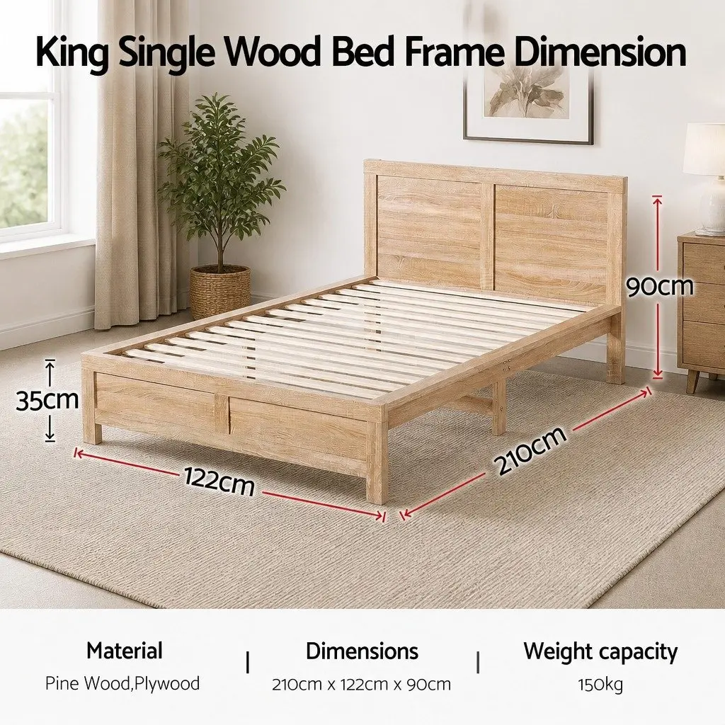 King Single Bed Frame Wooden Sturdy Construction 122cm x 210cm Walnut