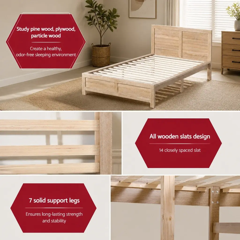 King Single Bed Frame Wooden Sturdy Construction 122cm x 210cm Walnut