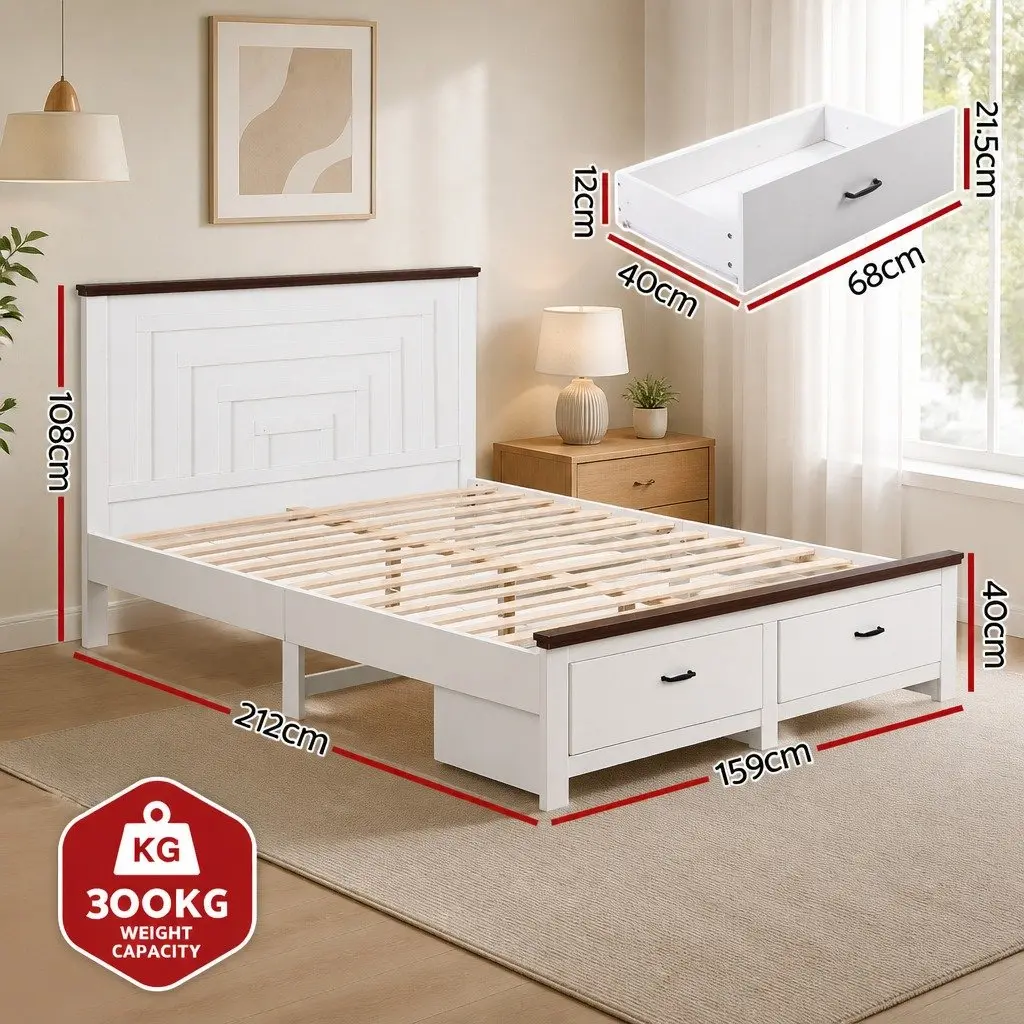 Queen Bed Frame with Storage Drawers 108cm Headboard White
