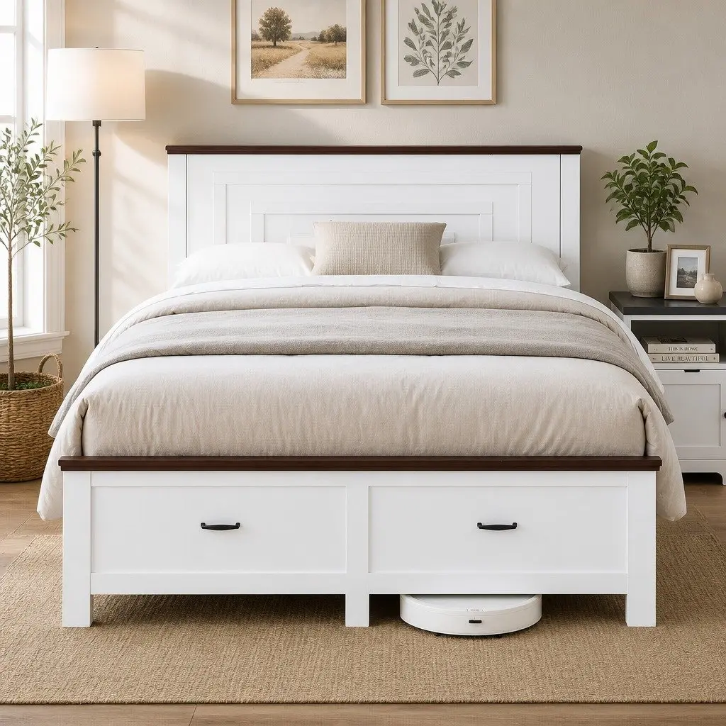 Queen Bed Frame with Storage Drawers 108cm Headboard White