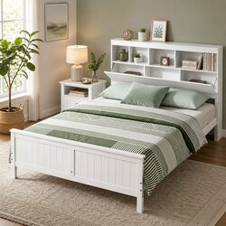 Queen Bed Frame with Storage Solutions and Wooden Base