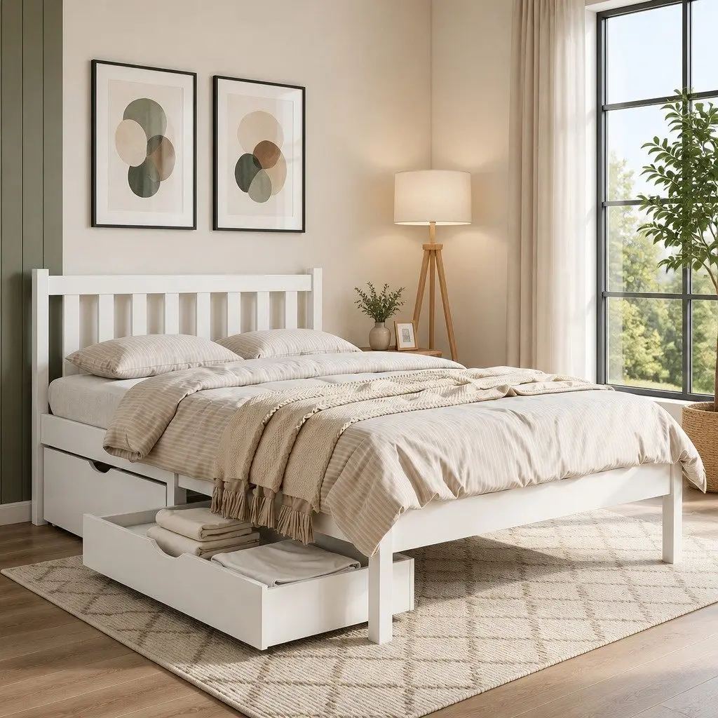 King Single Bed Frame Wooden Storage Drawers White
