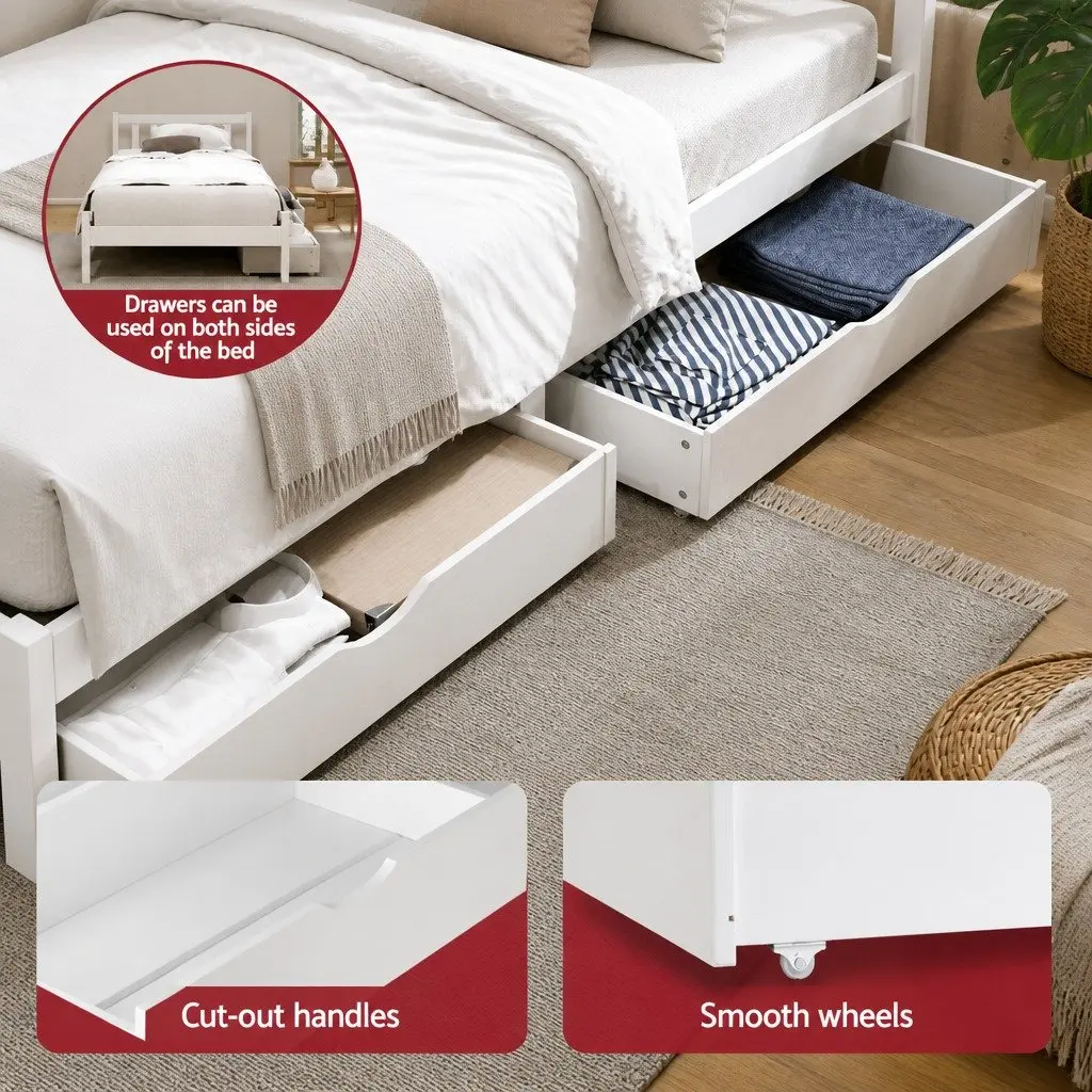King Single Bed Frame Wooden Storage Drawers White