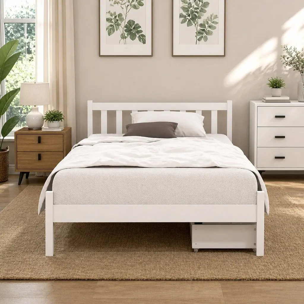 King Single Bed Frame Wooden Storage Drawers White