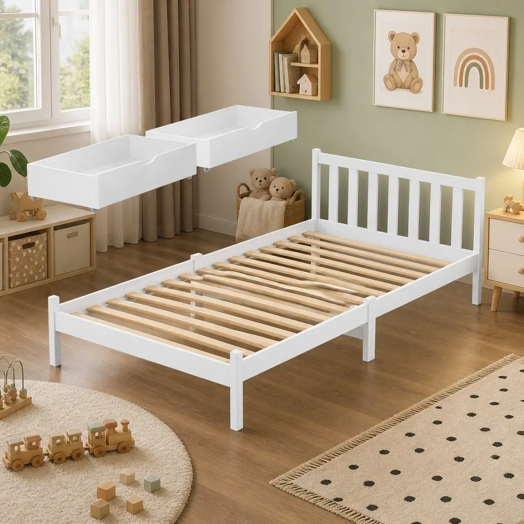 King Single Bed Frame Wooden Storage Drawers White