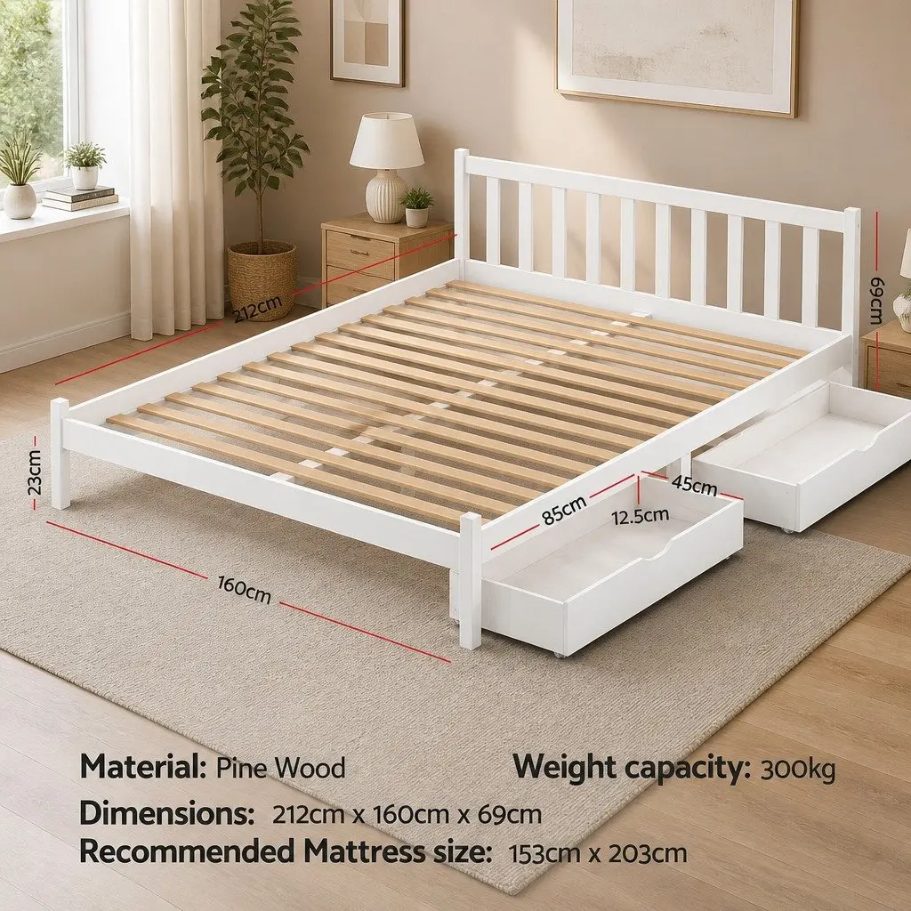 Queen Bed Frame Wooden Platform with Two Storage Drawers White