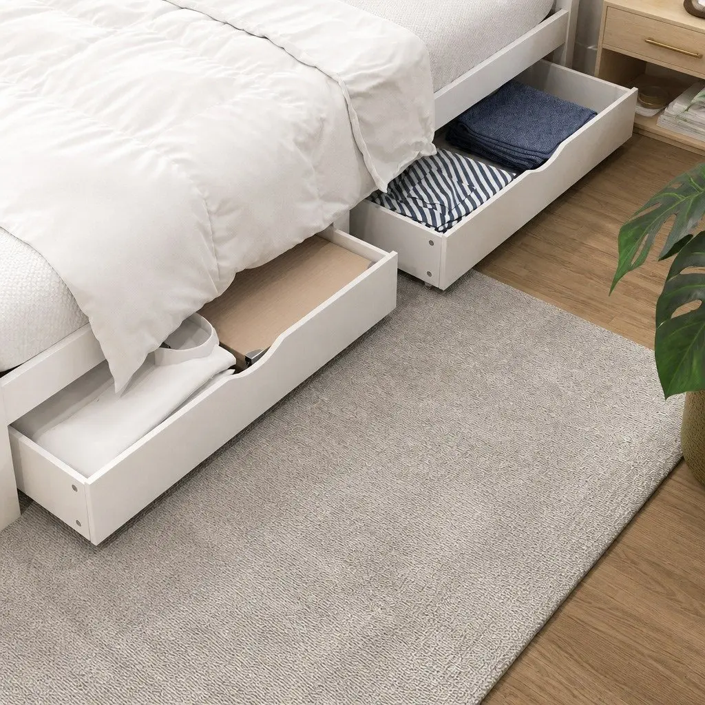 Queen Bed Frame Wooden Platform with Two Storage Drawers White