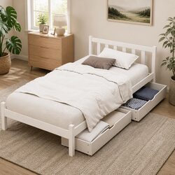 Single Bed Frame with Storage Drawers and Pine Construction