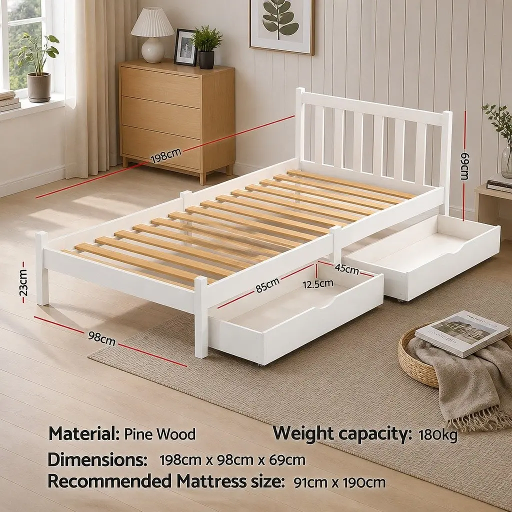 Single Bed Frame Wooden Platform Storage Drawers White