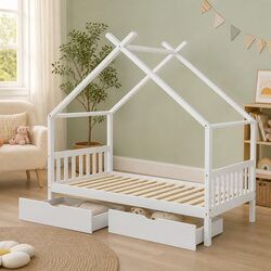 White Wooden Kids Single Bed Frame with Drawers