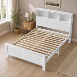 Double Bed Frame with Storage Headboard in White