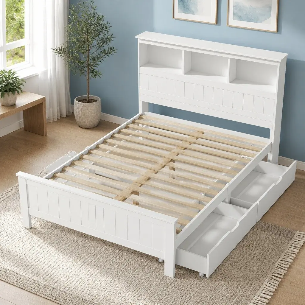 Double Bed Frame Wooden Storage Headboard White Suitable for Kids and Adults
