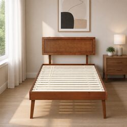Single Bed Frame with Wooden Slats in Walnut Finish