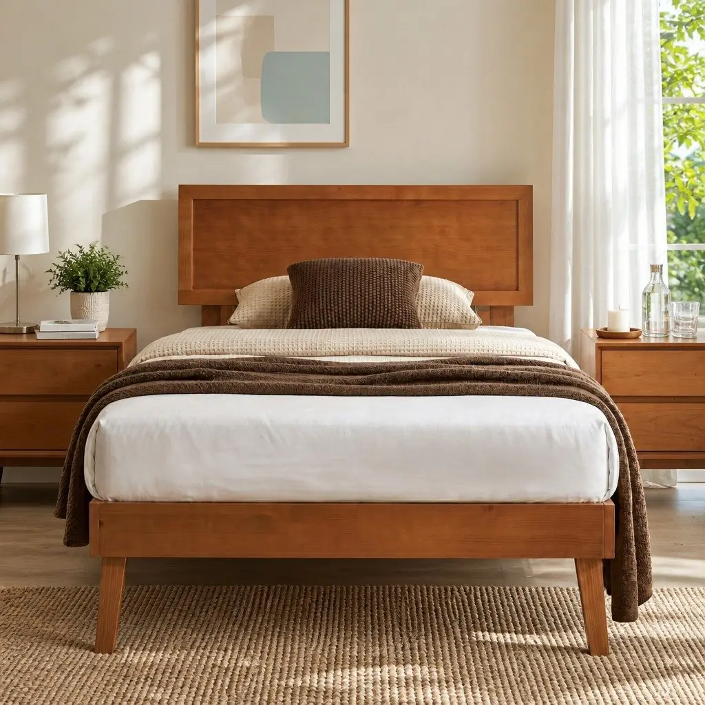 Single Bed Frame Wooden Slat Base Easy Assembly 195 x 100 x 87 cm Walnut Colour