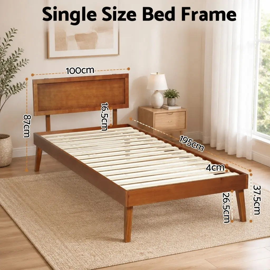 Single Bed Frame Wooden Slat Base Easy Assembly 195 x 100 x 87 cm Walnut Colour