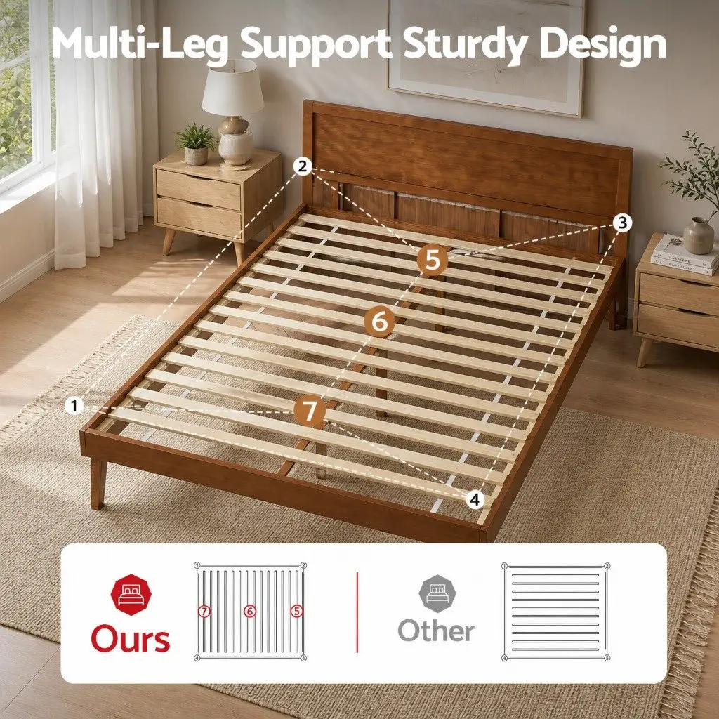 Single Bed Frame Wooden Slat Base Easy Assembly 195 x 100 x 87 cm Walnut Colour