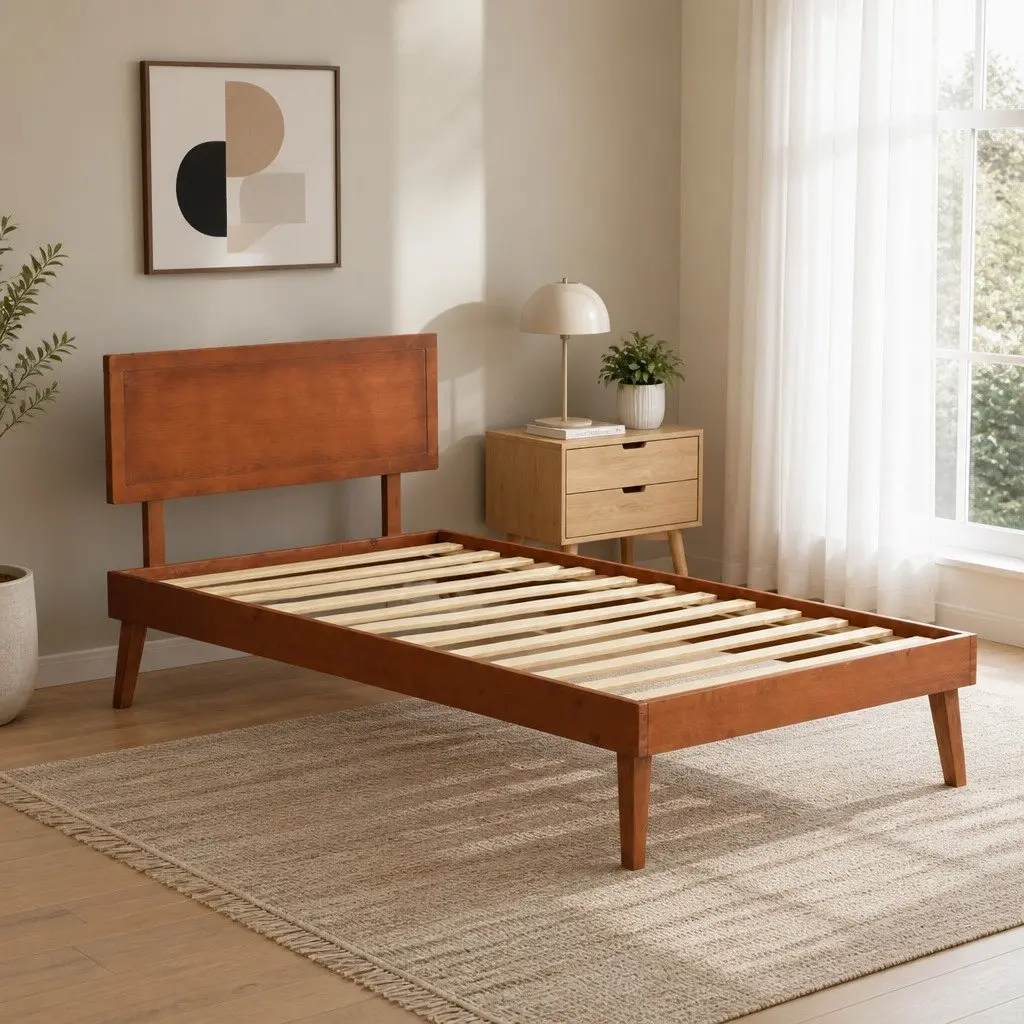 Single Bed Frame Wooden Slat Base Easy Assembly 195 x 100 x 87 cm Walnut Colour