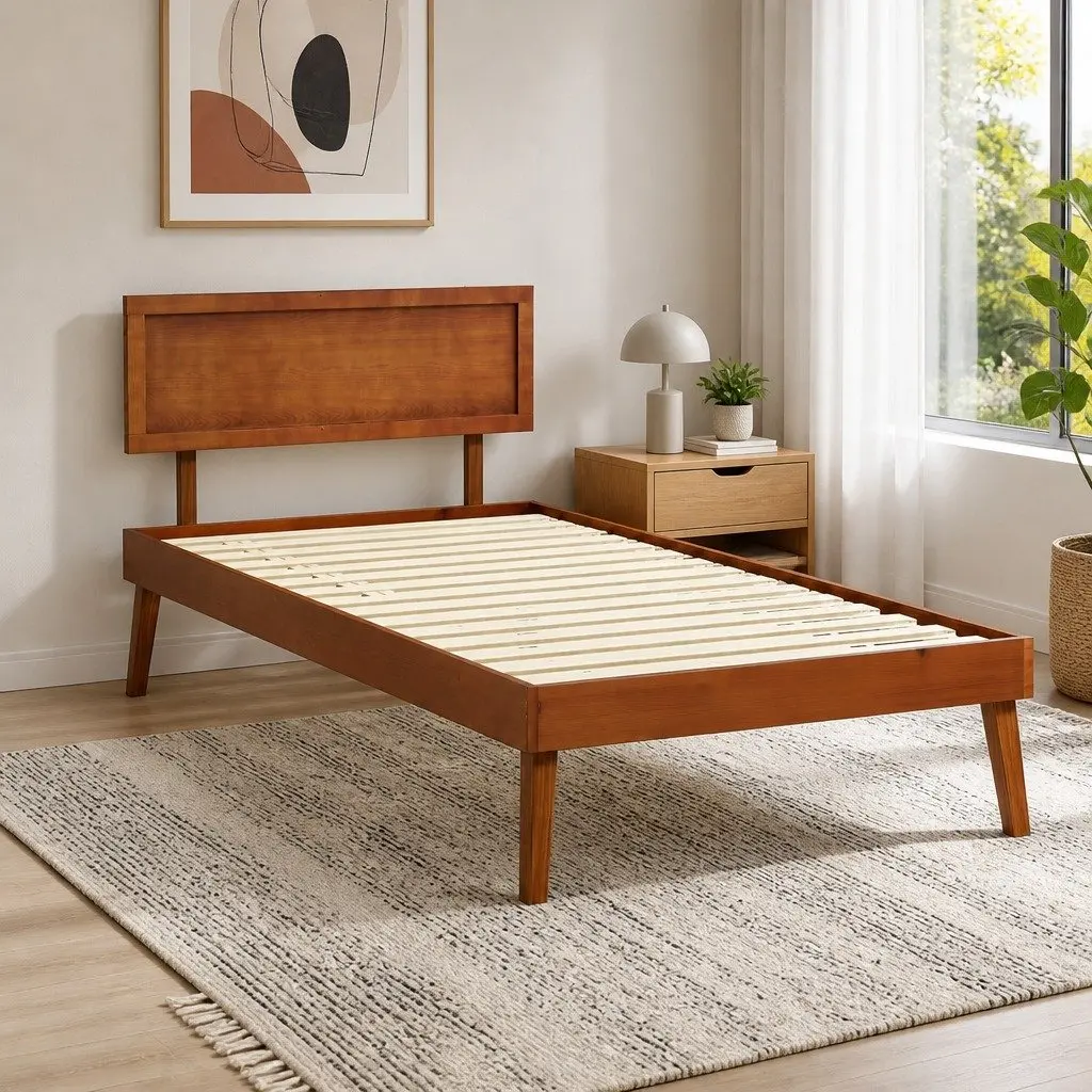 Single Bed Frame Wooden Slat Base Easy Assembly 195 x 100 x 87 cm Walnut Colour