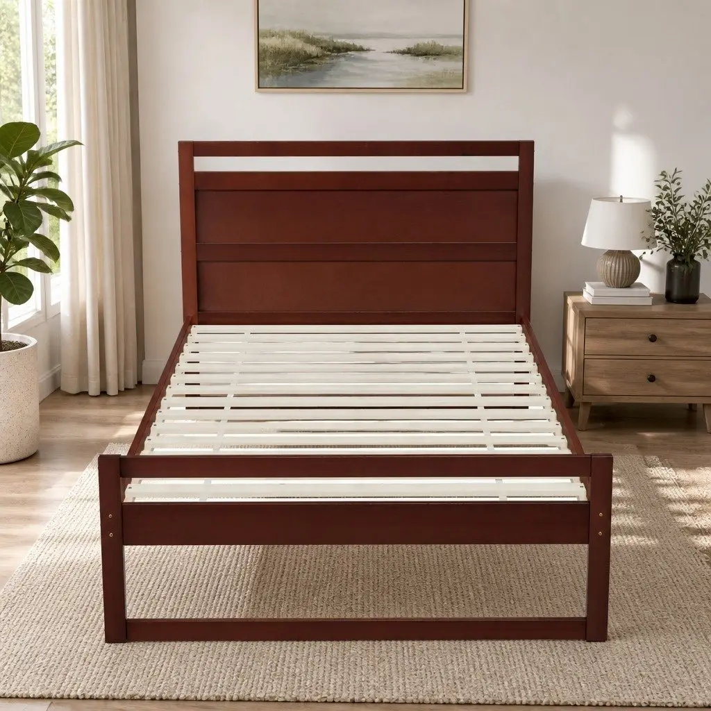 Wooden Bed Frame Rustic Style King Single Size Walnut Colour