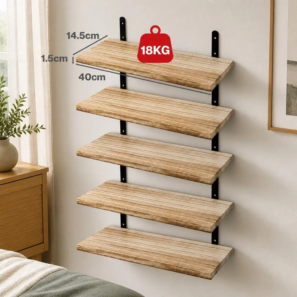Floating Wall Shelves Rustic Wood 5 Piece Set Brown 40cm x 14.5cm x 1.5cm