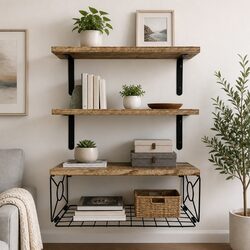 Floating Wall Shelf Set with 2 Wooden Shelves and Basket