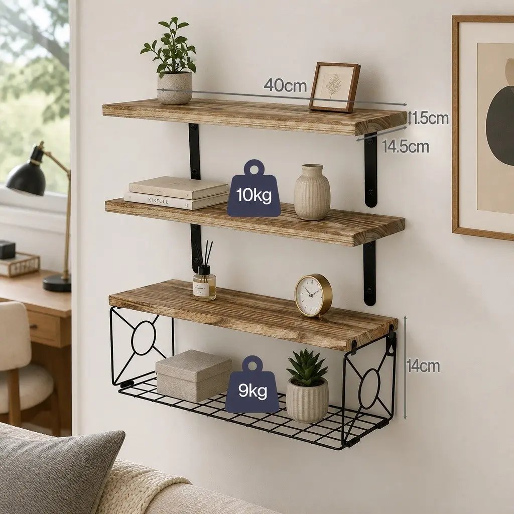 Floating Wall Shelves Set 3 Piece Brown Wood with Storage Basket for DIY Wall Mount Display