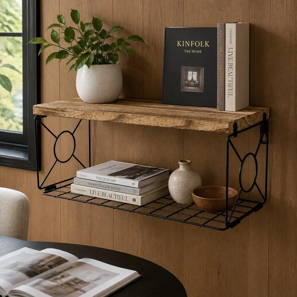 Floating Wall Shelves Set 3 Piece Brown Wood with Storage Basket for DIY Wall Mount Display