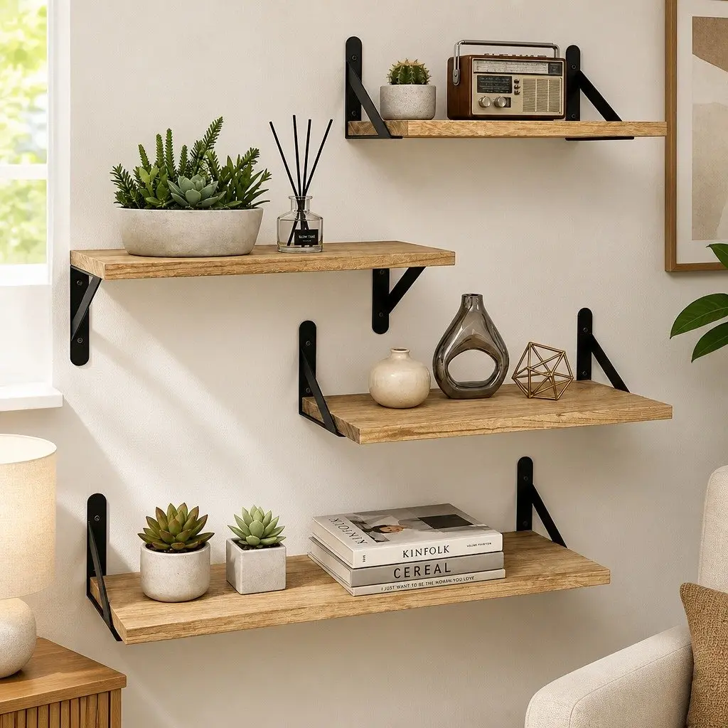 Wall Shelves Rustic Wood 4 Piece Set Brown Space Saving Vertical Storage Display