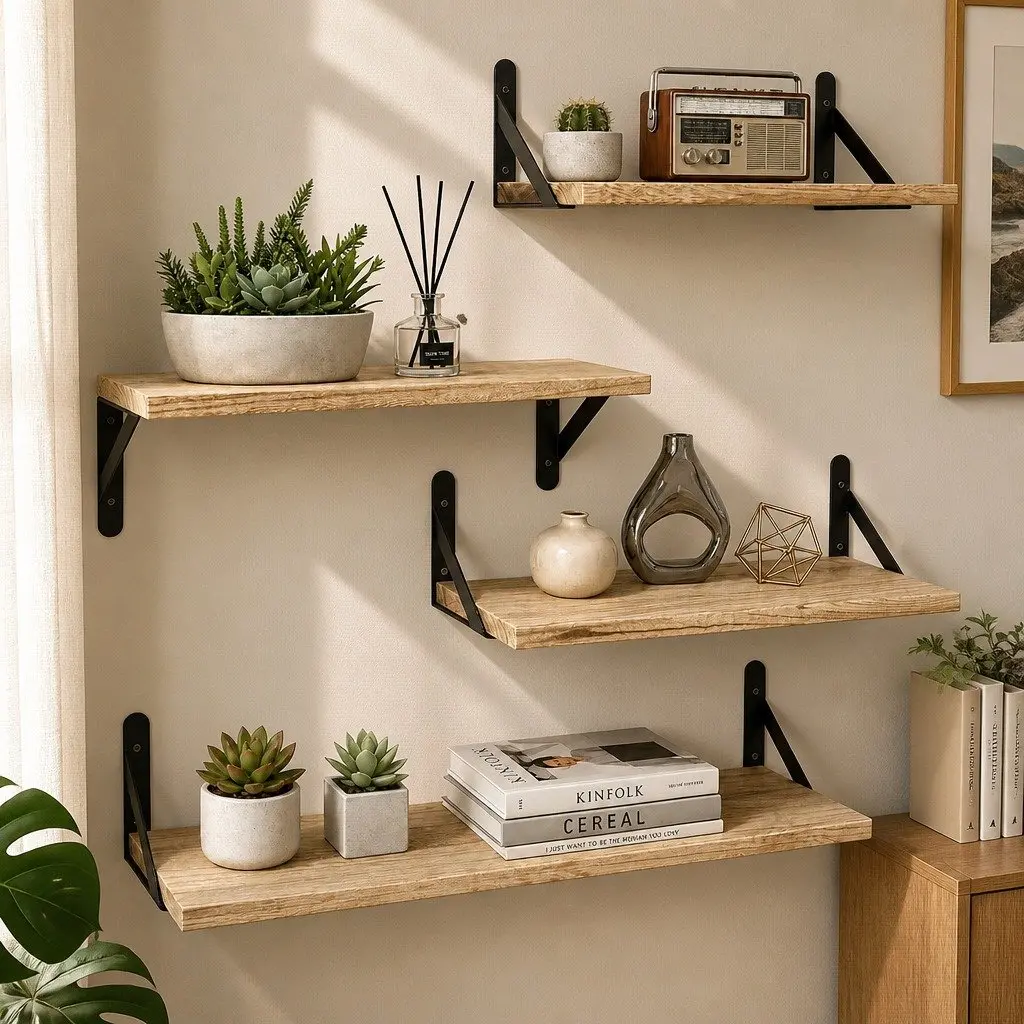 Wall Shelves Rustic Wood 4 Piece Set Brown Space Saving Vertical Storage Display