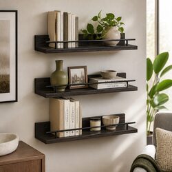 Wall Mounted Floating Shelves Set of 3 with Guard Rail