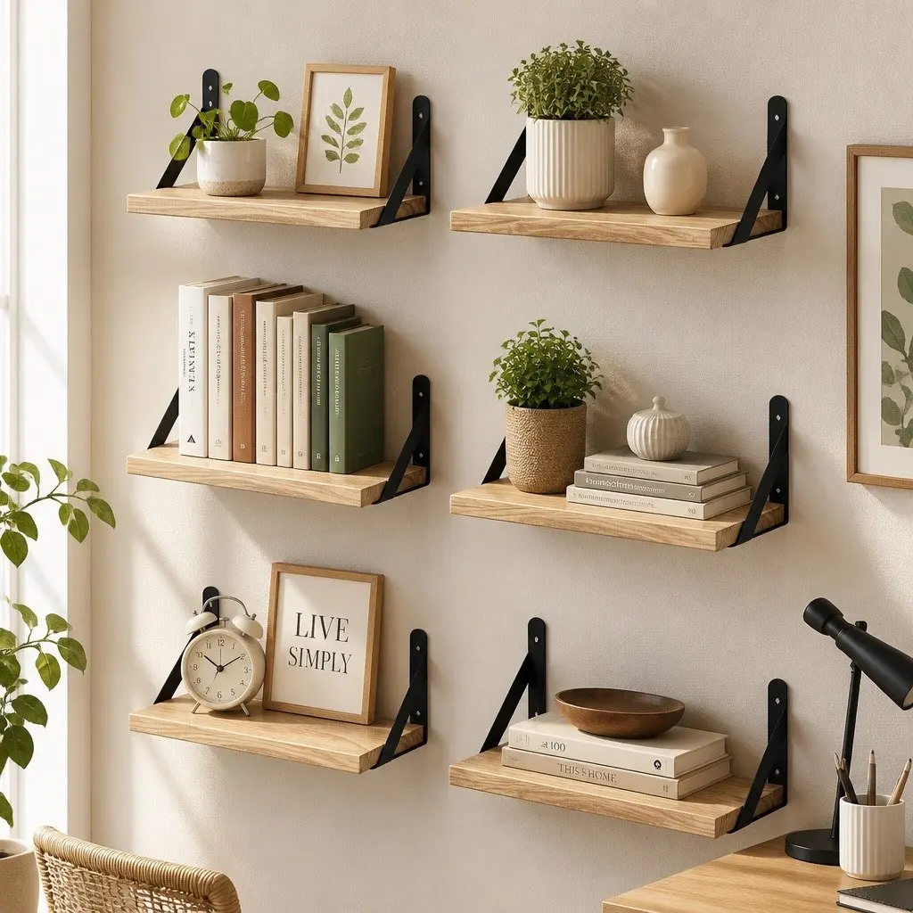 Floating Wall Shelves Set of 6 Wooden Wall Mounted Display Bookshelf Storage