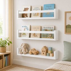 Set of 3 Floating Wall Shelves in White Pine Wood