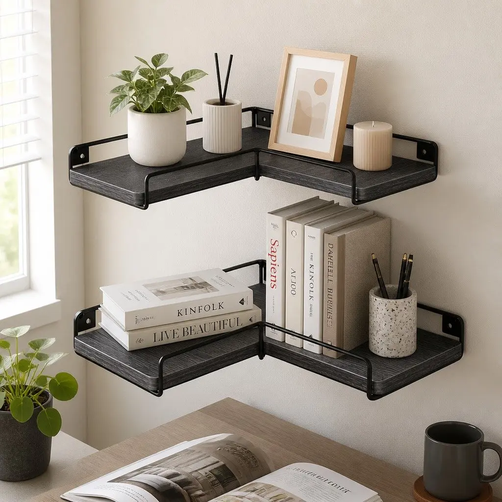 Floating Corner Wall Shelves Black 2 Piece L-shaped Storage Display Rack