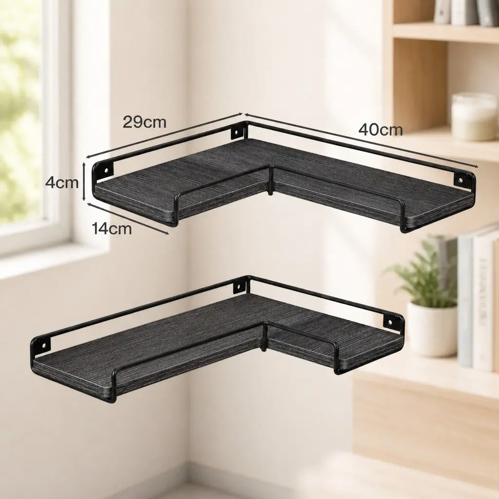 Floating Corner Wall Shelves Black 2 Piece L-shaped Storage Display Rack