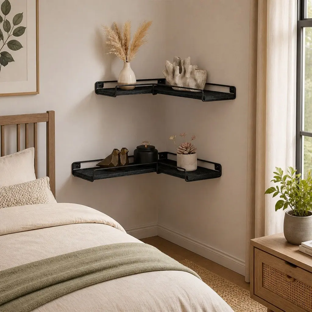 Floating Corner Wall Shelves Black 2 Piece L-shaped Storage Display Rack