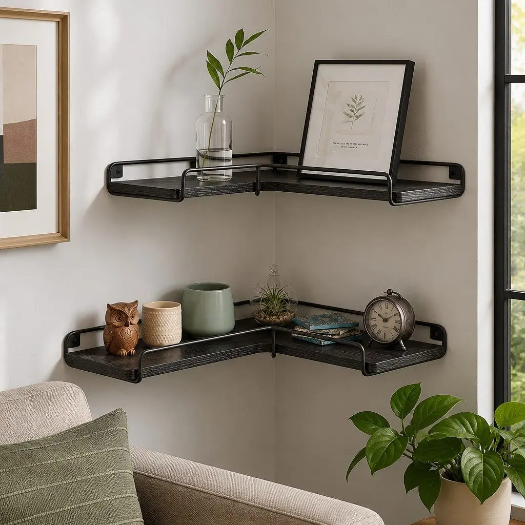 Floating Corner Wall Shelves Black 2 Piece L-shaped Storage Display Rack