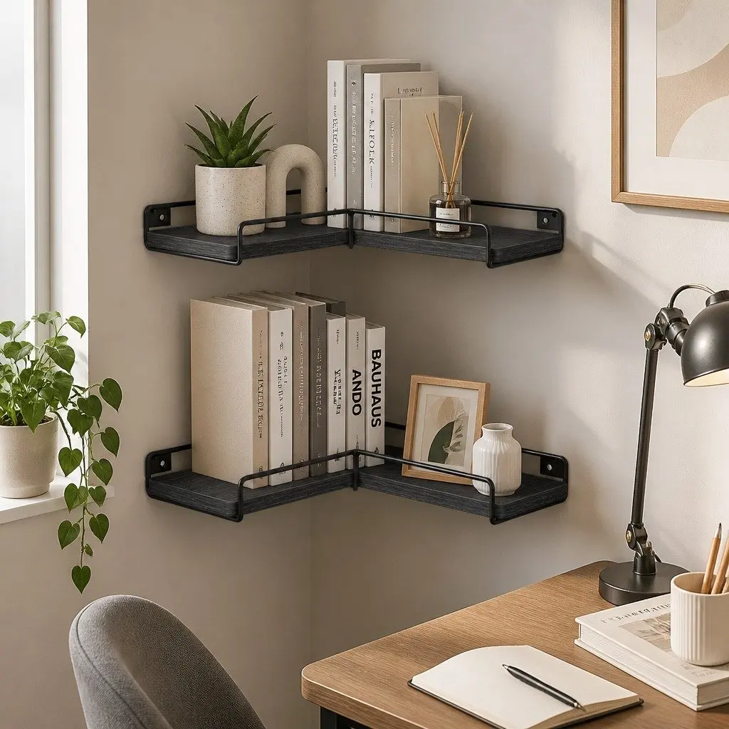 Floating Corner Wall Shelves Black 2 Piece L-shaped Storage Display Rack