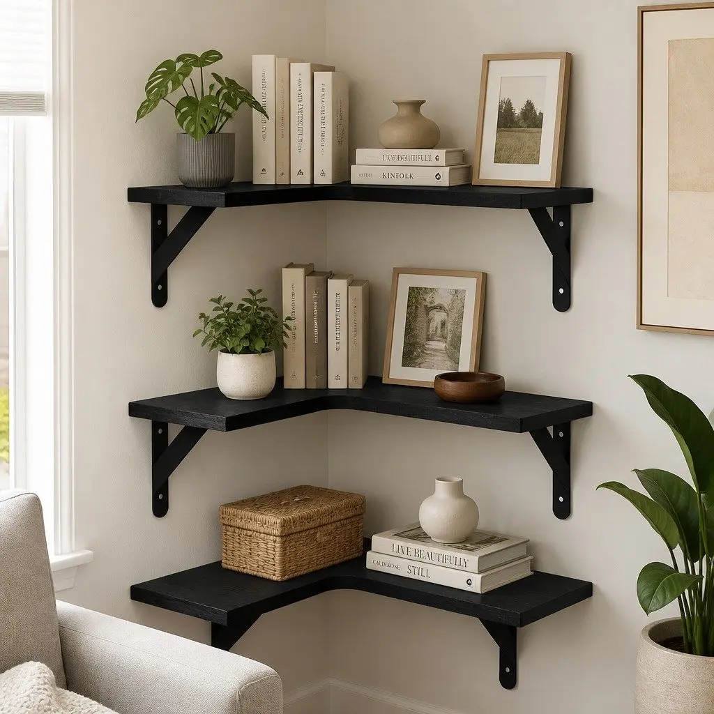 L-Shaped Corner Shelves 3 Piece Wall-Mounted Storage Black Paulownia Wood for Kitchen Living Room Office